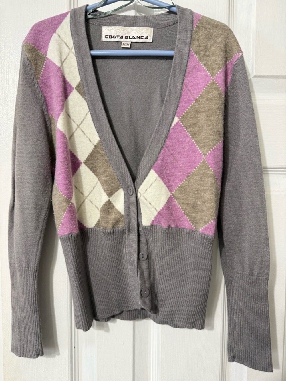 Costa Blanca Gray Cardigan with Purple and Cream Argyle Panels